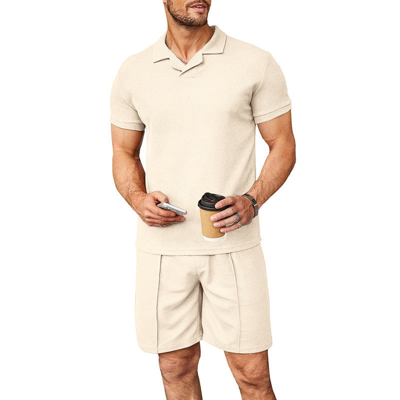 Men’s Waffle V-Neck Polo Shirt & Shorts Set