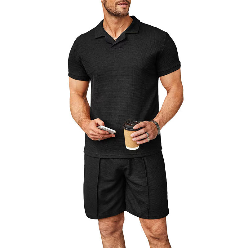 Men’s Waffle V-Neck Polo Shirt & Shorts Set
