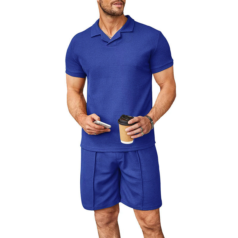 Men’s Waffle V-Neck Polo Shirt & Shorts Set