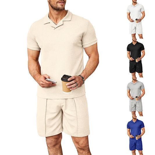 Men’s Waffle V-Neck Polo Shirt & Shorts Set