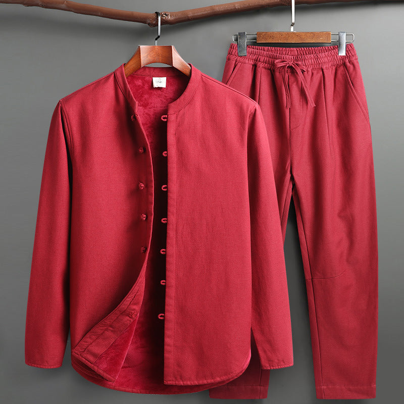 Retro Tang Suit Set – Fleece-Lined Cotton Linen