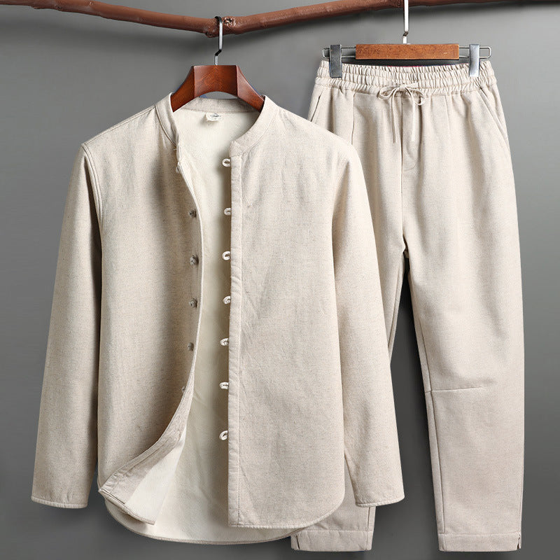 Retro Tang Suit Set – Fleece-Lined Cotton Linen