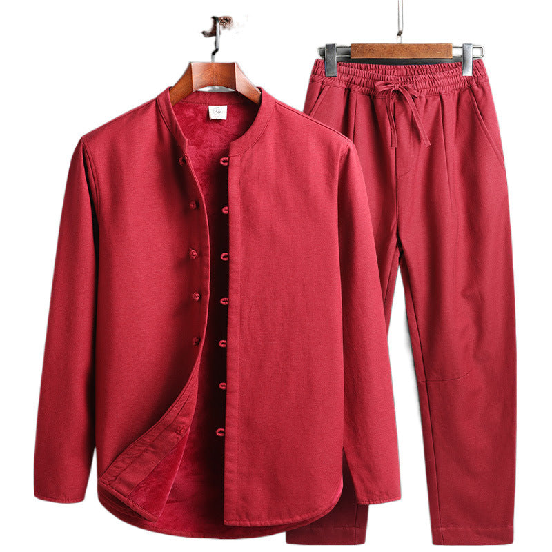 Retro Tang Suit Set – Fleece-Lined Cotton Linen