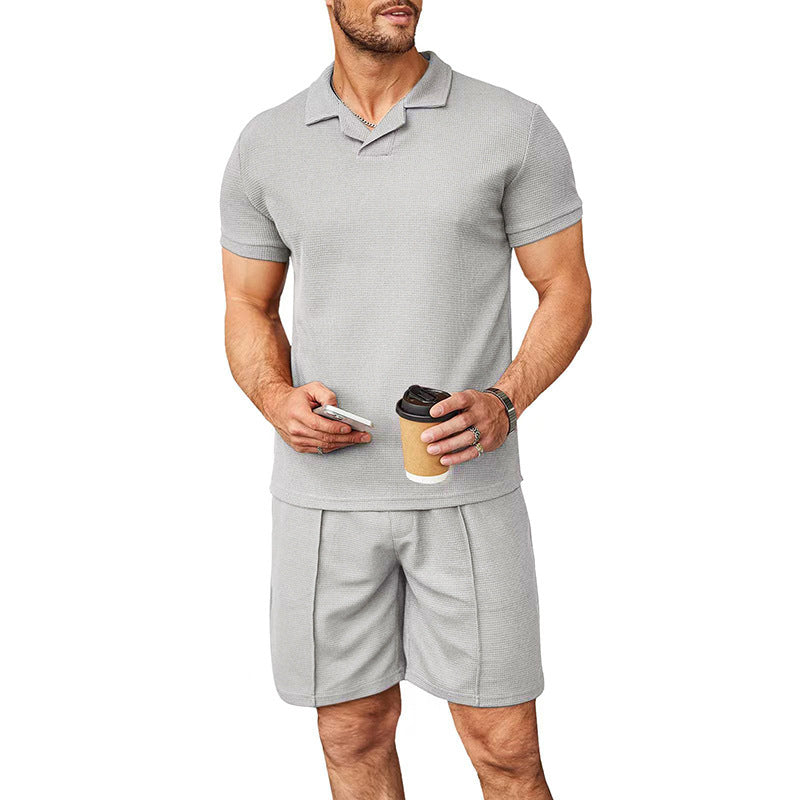 Men’s Waffle V-Neck Polo Shirt & Shorts Set