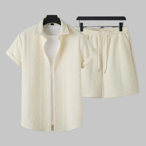 Men's Diamond Patterned Short Sleeved Shirt And Shorts Set