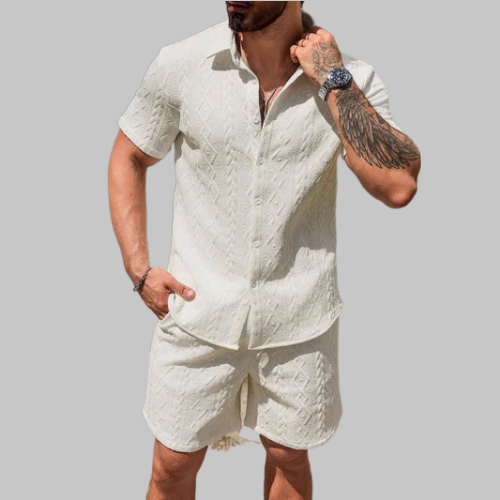 Herrset med kortärmad skjorta och shorts, avslappnad