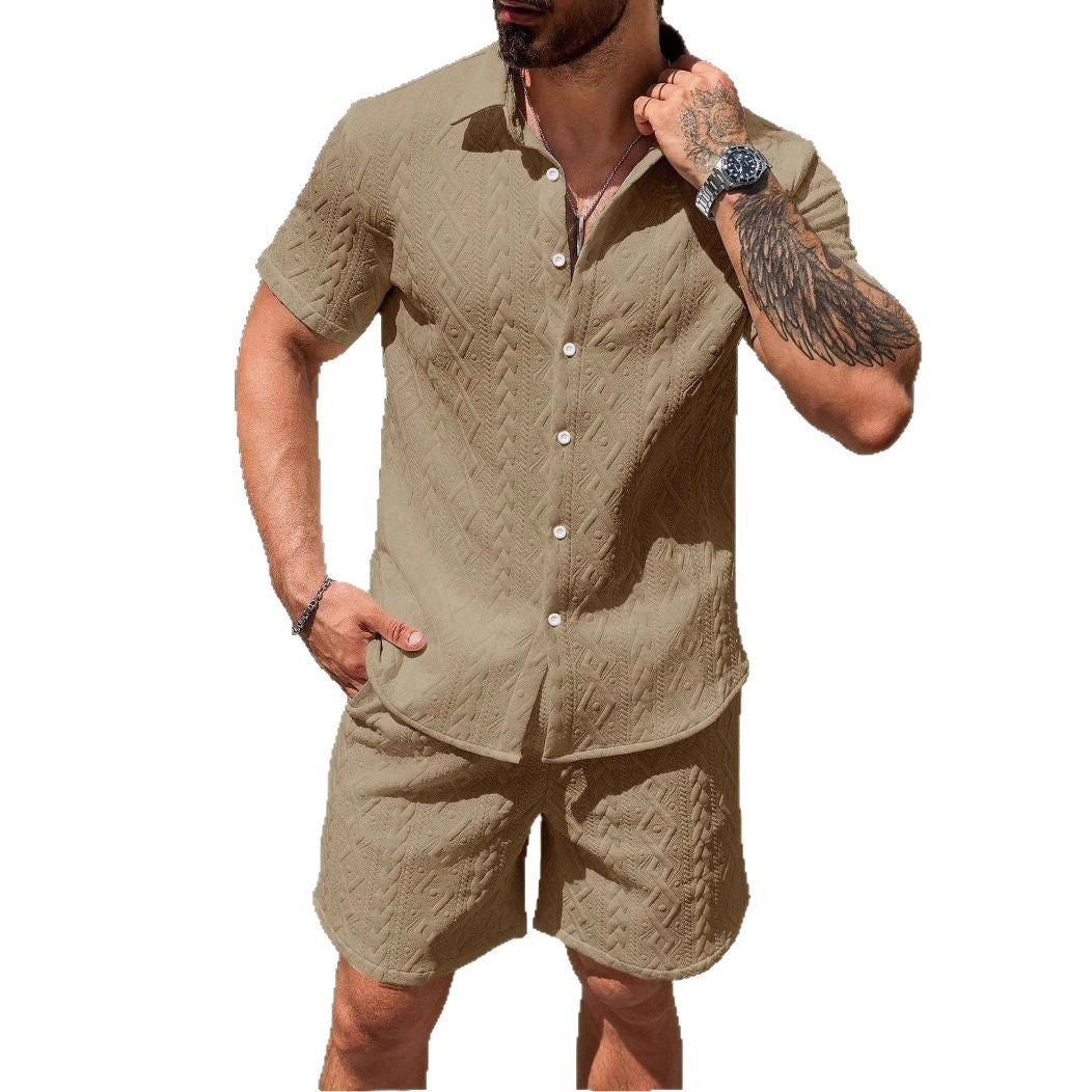 Herrset med kortärmad skjorta och shorts, avslappnad