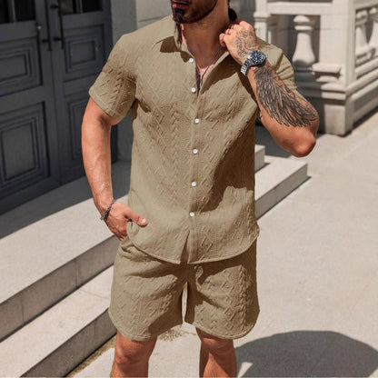 Herrset med kortärmad skjorta och shorts, avslappnad