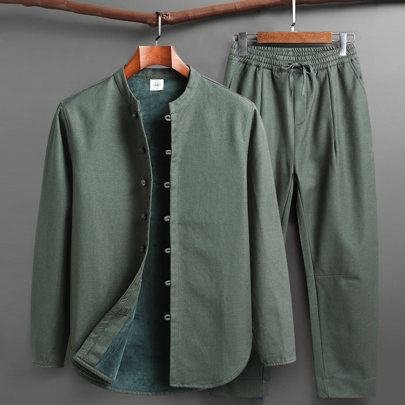 Retro Tang Suit Set – Fleece-Lined Cotton Linen